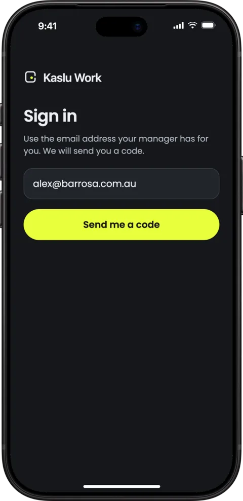 Staff app sign-in screen with a work email address entered and a Send me a code button.