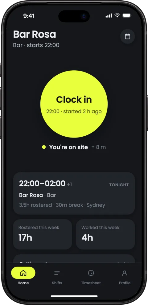 Kaslu Work staff app on an iPhone: tonight's shift at Bar Rosa, a large Clock in button, and a confirmation that the staff member is on site.